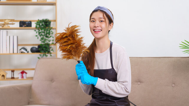 Hygiene Cleaning Concept, Housemaid Is Wear Gloves And Hold The Feather Duster To House Cleaning