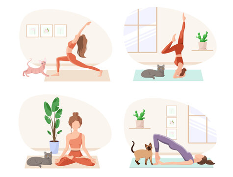 A Woman Does Yoga At Home. A Set Of Illustrations. Cartoon Design.