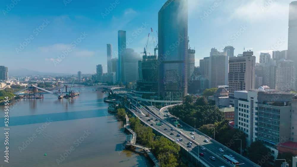 Poster aerial hyperlapse, dronelapse video of brisbane city in australia in early morning