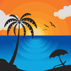 Illustration of a beach at sunset with a combination of orange sky and bright yellow sun, and blue sea water with coconut trees on the beach