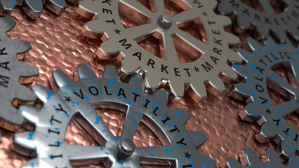 Market Volatility concept. Gold and silver gears mechanism with inscriptions market and volatility. 3d rendering