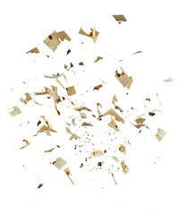 3D render flying burning paper with burnt fragments illustration