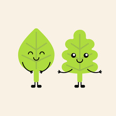 Cartoon autumn leaves in a cute kawaii style. Happy simple flat nature characters. Design for t-shirt, logo, icons, patches, postcards, banners, stickers, print. Autumn, ecology, season, hugs.