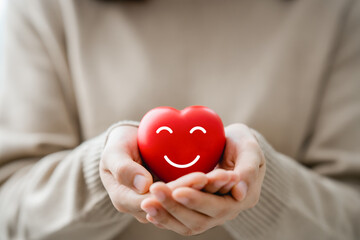 woman hands holding red heart in concept health care,wellbeing, organ donation and insurance life....