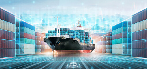 Smart Logistics and Warehouse Technology concept, Real time data location tracking freight shipment...