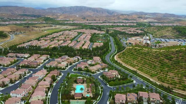 Aerial View of Upscale Residential Neighborhood in Irvine, Orange County CA USA. Homes of Rich and Famous, Drone Shot