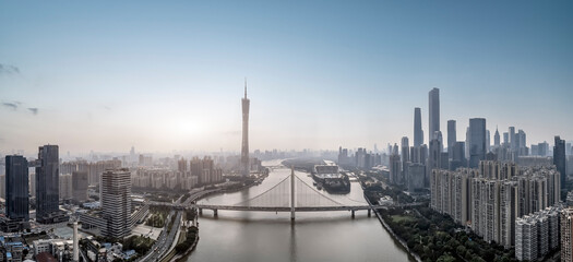Aerial photography of the city skylines on both sides of the Pearl River in Guangzhou