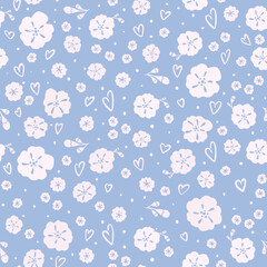 Small flowers and hearts seamless pattern. Ideal for printing for fabric. Cute children fashion. Pastel pattern. Vector illustration. 