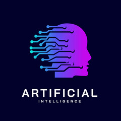 Artificial Intelligence logo,human face,Electronic circuit grid. Dynamic line and point symbol with human head. Virtual Assistant service icon. Machine learning, digital brain 