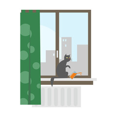 Apartment building facade with cat in window. Vector illustration for staying at home