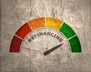Finance management concept. Refinancing level measuring process. Scale with arrow.