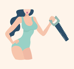 The girl is holding a saw. joiner. Carpenter woman. Wood products. Feminism. Brunette in a green t-shirt with a saw. Vector illustration in a flat style.