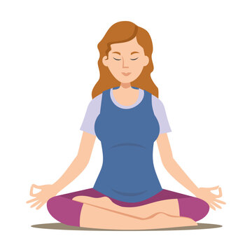 Calm peaceful mother meditating in lotus pose while mischievous naughty children and pet making chaos in room. Vector illustration for stress relief