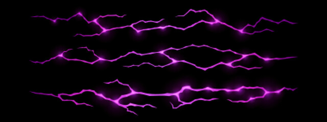 Ground cracks with purple light inside top view. Vector cartoon texture of horizontal breaks in land surface with magic glow or lightnings isolated on black background.