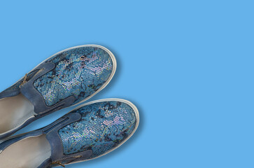 womens trendy leather shoes background with copy space text, casual footwear