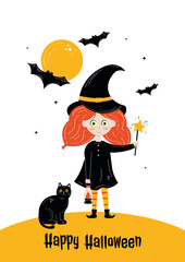 Cute girl in Halloween witch costume with black cat, moon and bats.  Vector illustration, Happy Halloween.

