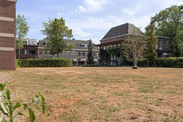 A dried out grass field in the city centre of Oss, North Brabant, the Netherlands. The grass died...