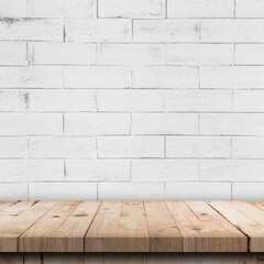 Empty wooden table top and white brick wall and rough crack background texture