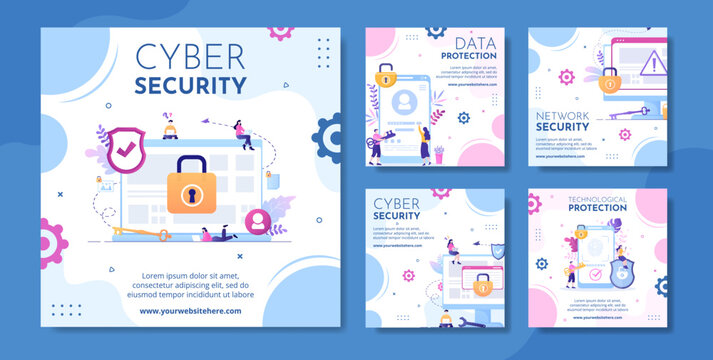 Cyber Security Social Media Post Template Hand Drawn Cartoon Flat Illustration