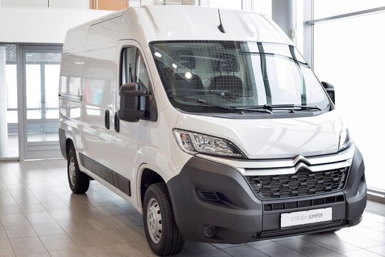 Russia, Izhevsk - March 4, 2022: Citroen showroom. New Jumper van in the dealer showroom. Famous world brand. Alliance Stellantis.