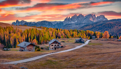 Great sunset on Fuchiade valley, Italy, Europe. Incredible evening view of Dolomite Alps, Italy,...
