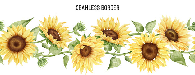 Watercolor sunflower seamless pattern. Floral border. Yellow flowers, leaves and plants. Autumn arrangement. Isolated on white background. Fall clipart. Botanical illustration.
