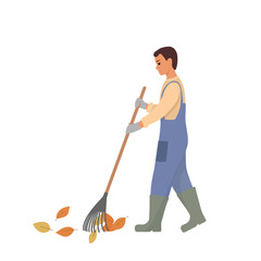 Man in overalls raking fallen leaves.  Janitor with rake in the garden. Flat vector illustration.