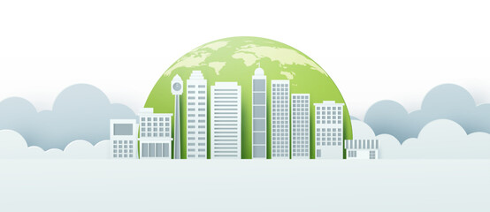 Fototapeta premium Ecology concept with green eco city background.Environment conservation resource sustainable.Vector illustration.