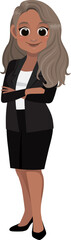 Flat icon with African American cute businesswoman cartoon character in office style smart black suit and crossed arms pose.