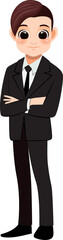 Flat icon with cute businessman cartoon character in office style smart black suit and crossed arms pose.