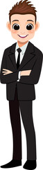Flat icon with cute businessman cartoon character in office style smart black suit and crossed arms pose.