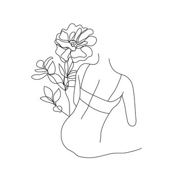 recommend clip art: Vector abstract female figure, woman body illustration. Line art print. Flowers and leaves decoration. Woman silhouette, print, card, logo, poster. Body positive.