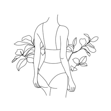 recommend clip art: Vector abstract female figure, woman body illustration. Line art print. Flowers and leaves decoration. Woman silhouette, print, card, logo, poster. Body positive.