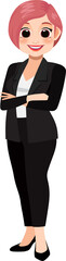 Businesswoman clipart, Female character, Girl avatar, Diverse people, Crossed arms pose, Black suit-PNG