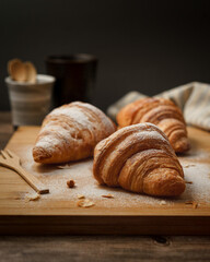 Croissant with icing sugar on wood table