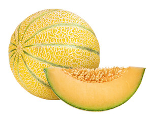 Yellow melon or cantaloupe melon with seeds isolated on white background, US Muskmelon on white background With png file.