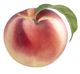 Sweet Red Peach fruit with leaf isolated on white background, Fresh Peach on White Background With png file.