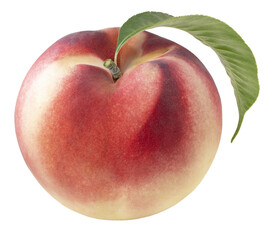 Sweet Red Peach fruit with leaf isolated on white background, Fresh Peach on White Background With png file.