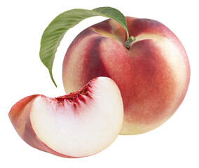 Sweet Red Peach fruit with leaf isolated on white background, Fresh Peach on White Background With png file.