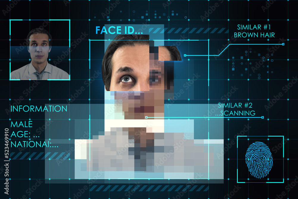 Poster Abstract image of caucasian male face ID scanning. Digital scan and biometric recognition.