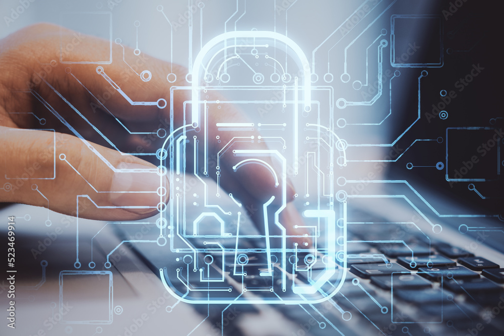 Poster close up of businessman hands using laptop computer with creative glowing padlock circuit security h