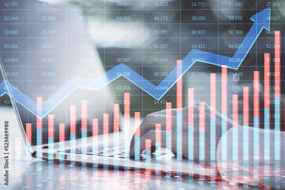 Poster Close up of hands using notebook with creative growing financial forex chart with upward arrow on blurry background. Market, stock and trading concept. Double exposure.