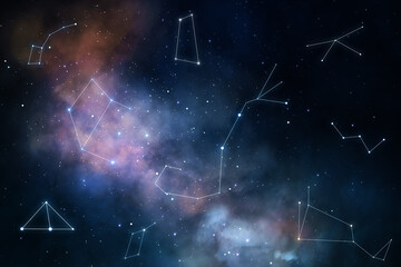 Creative dark night sky background with polygonal constellations. Cosmos and space concept.