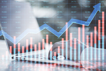 Close up of hands using notebook with creative growing financial forex chart with upward arrow on blurry background. Market, stock and trading concept. Double exposure.