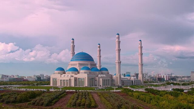 Nur-Sultan, Kazakhstan - August 8, 2022: largest mosque in Central Asia, Astana Aerial drone view.