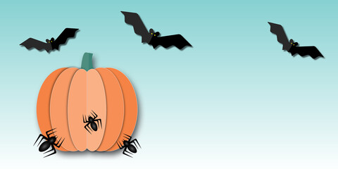 Happy Halloween with pumpkin and monster on pastel background, Halloween illustration for web, poster, flyers, ad, promotions, blogs, social media, marketing, greeting card, paper cut style.