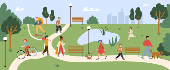 People walk with dogs, ride on bike and rest in park. Summer landscape of city garden with delivery man, girl on bicycle, guy with guitar, student boy and senior adult person, vector illustration
