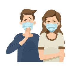 Coronavirus panic concept. Stressed anxious people wearing face masks inside round bubble surrounded by corona virus. Vector illustration for lockdown