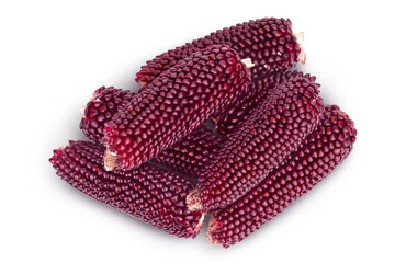 Purple corn or maize isolated on white background with full depth of field. Top view. Flat lay