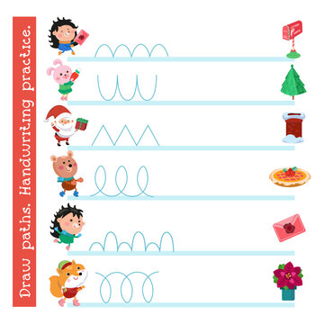 Workbook, copybook for preschoolers. Writing practice. Christmas and cartoon animals. Vector illustration.